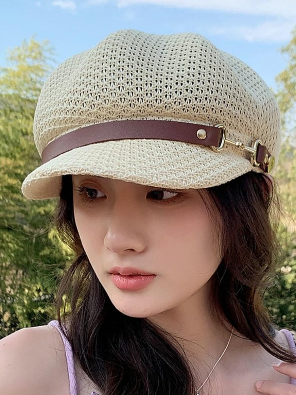 Women's Newsboy Cap Beret Breathable Mesh Sun Hat Beach Hats Octagonal Hat Khaki